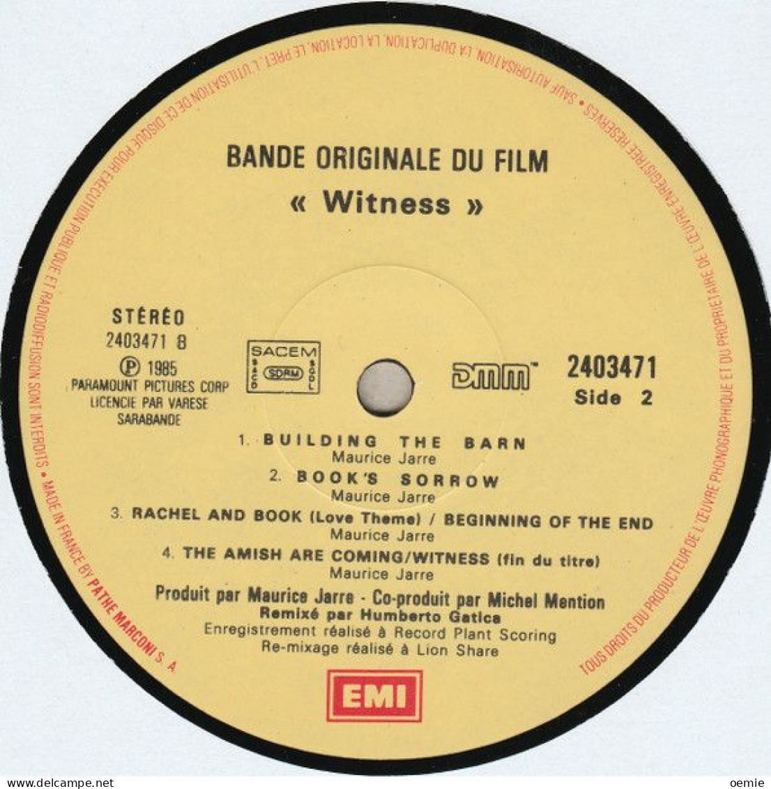 BANDE ORIGINALE  DU FILM  WITNESS  MUSIQUE MAURICE JARRE - Musique De Films