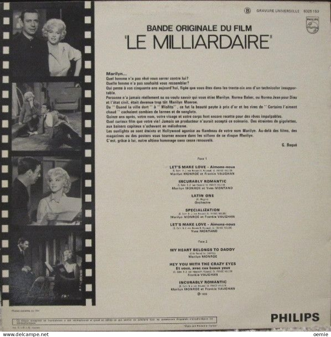 BANDE ORIGINALE  DU FILM  LE MILLIARDAIRE  AVEC MARILYN MONROE FRANKIE VAUGHAN ET YVES MONTAND - Filmmuziek