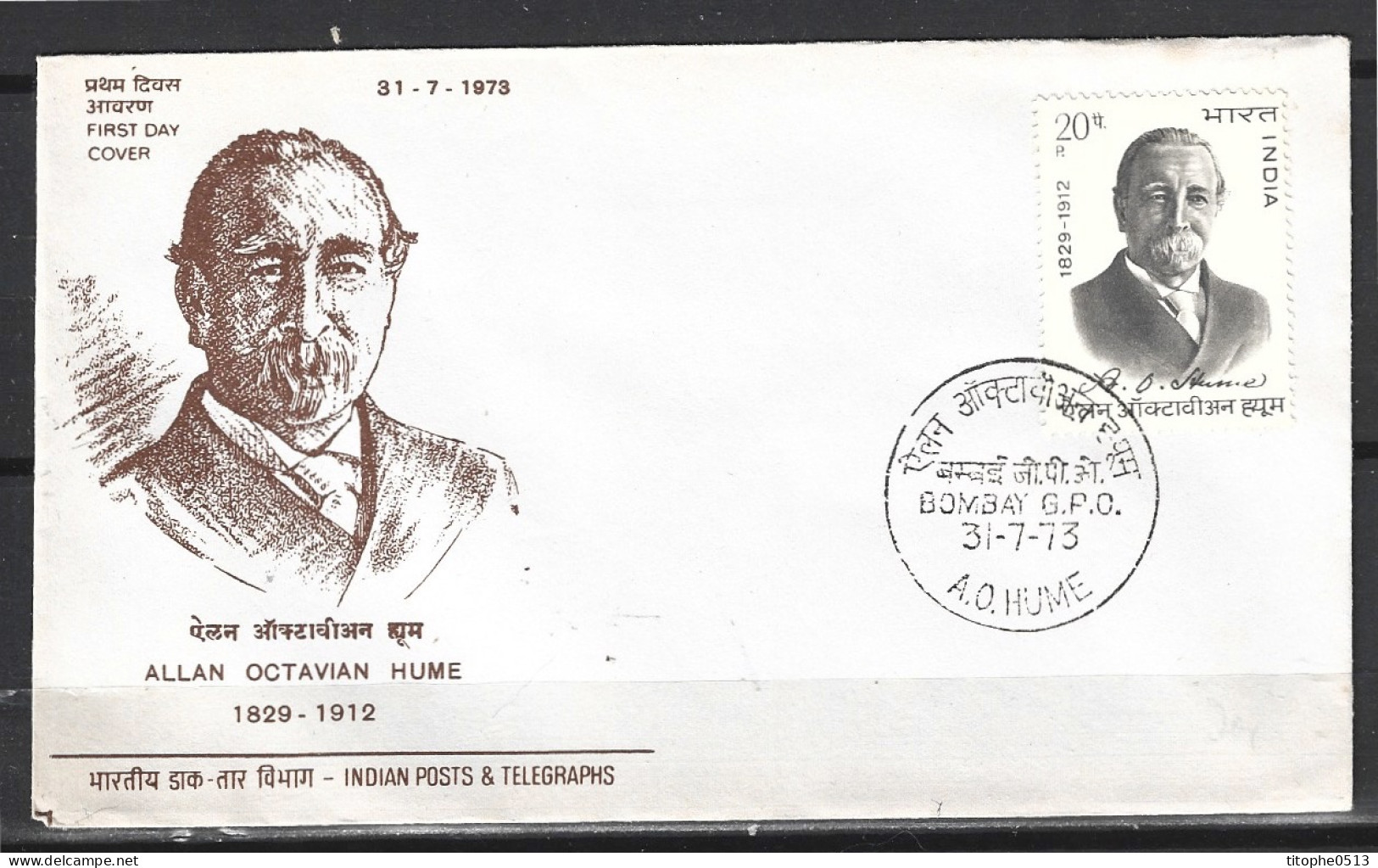 INDE. N°374 Sur Enveloppe 1er Jour (FDC) De 1973. Allan Octavian Hume. - FDC