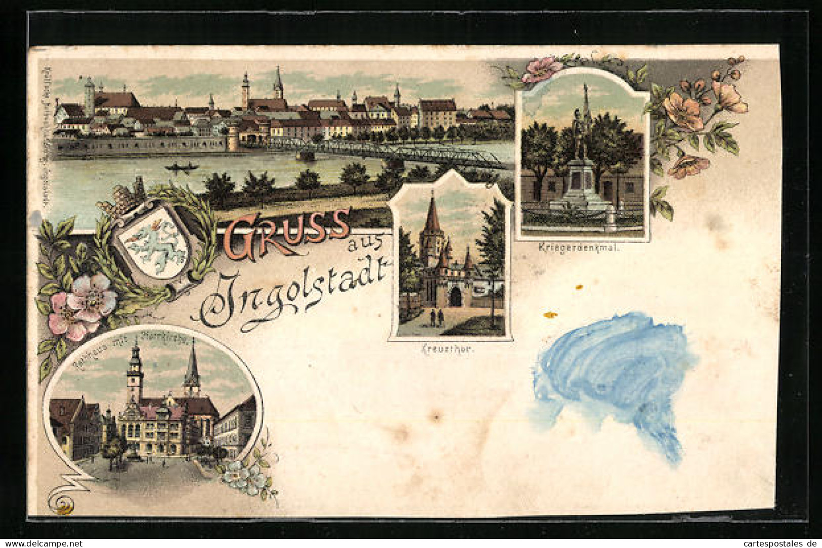 Lithographie Ingolstadt, Teilansicht, Kreuzthor, Kriegerdenkmal, Wappen  - Ingolstadt
