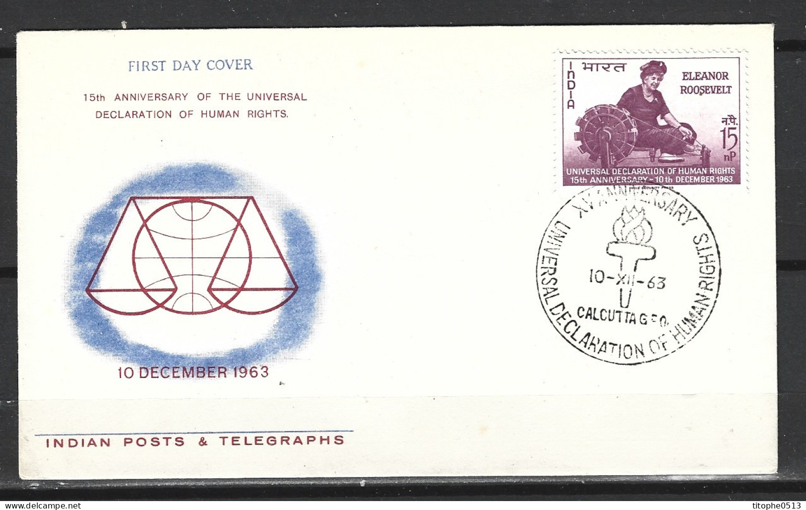 INDE. N°164 Sur Enveloppe 1er Jour (FDC) De 1963. Déclaration Universelle Des Droits De L'Homme/E. Roosevelt. - UNO