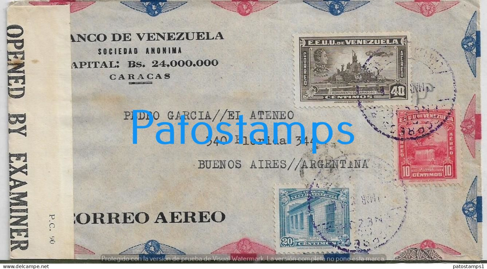 226372 VENEZUELA CARACAS BANK BANCO COVER CANCEL CENSORED CIRCULATED TO ARGENTINA NO POSTCARD - Venezuela