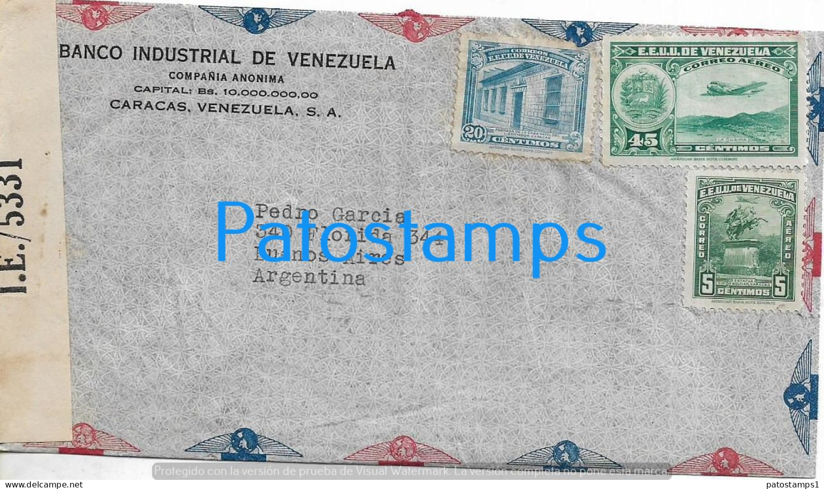 226374 VENEZUELA CARACAS BANK BANCO INDUSTRIAL COVER CANCEL YEAR 1943 CENSORED CIRCULATED TO ARGENTINA NO POSTCARD - Venezuela