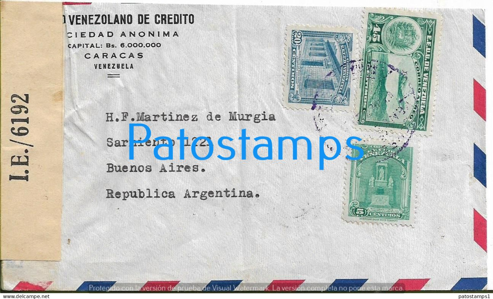 226375 VENEZUELA CARACAS BANK BANCO INDUSTRIAL COVER CANCEL YEAR 1943 CENSORED CIRCULATED TO ARGENTINA NO POSTCARD - Venezuela