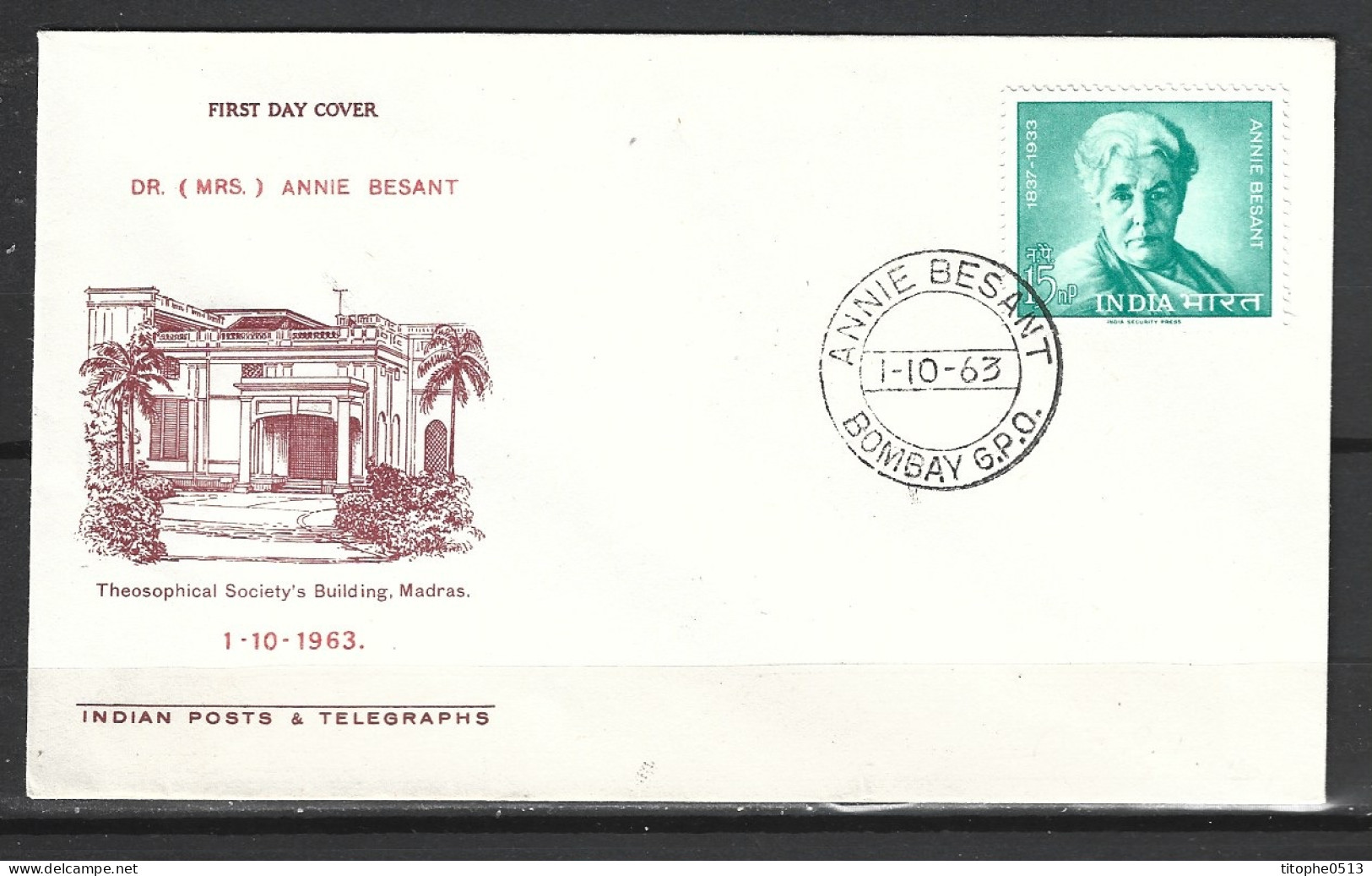 INDE. N°163 Sur Enveloppe 1er Jour (FDC) De 1963. Féministe Annie Besant. - FDC