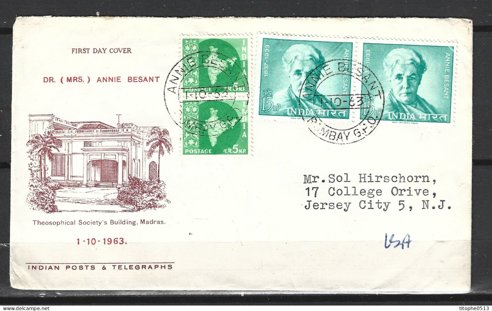 INDE. N°163 Sur Enveloppe 1er Jour (FDC) De 1963. Féministe Annie Besant. - FDC