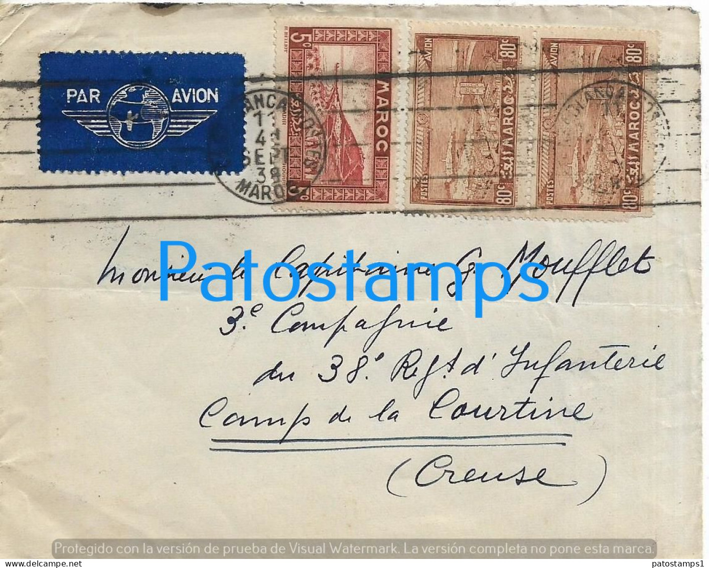 226395 AFRICA MOROCCO CASABLANCA COVER CANCEL YEAR 1938 CIRCULATED TO FRANCE NO POSTCARD - Altri - Africa