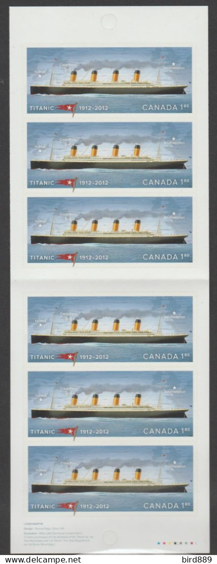 2012 Canada Titanic Full Booklet Of 6 MNH - Ganze Markenheftchen