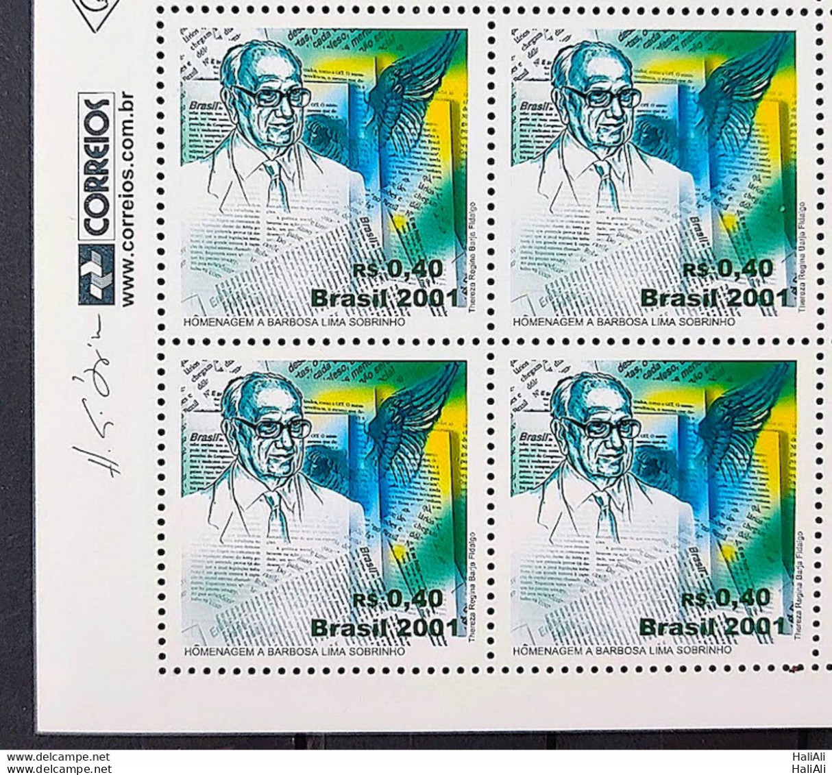 C 2386 Brazil Stamp Barbosa Lima Sobrinho Journalism 2001 Block Of 4 Vignette Correios - Neufs
