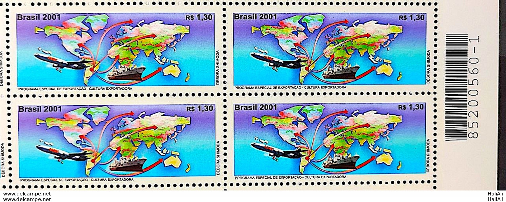 C 2373 BRAZIL STAMP Culture Exporter Airplane Map Economy 2001 Block Of 4 Barcode - Neufs