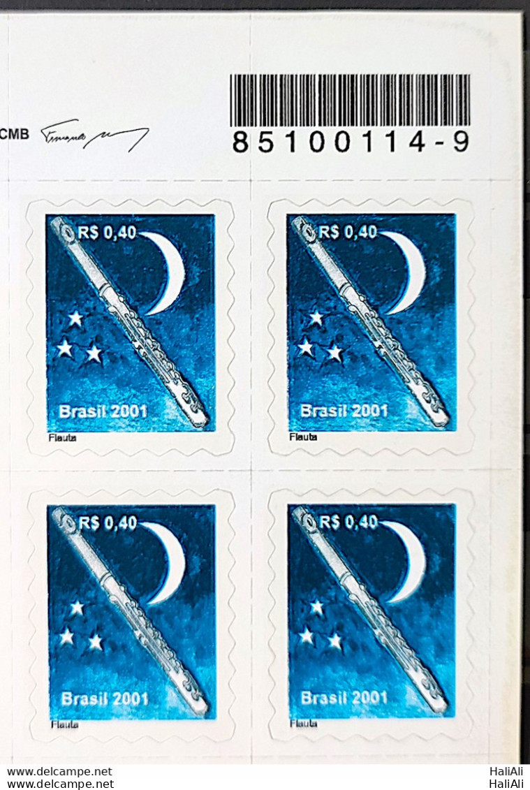 Brazil Regular Stamp RHM 807 Music Instrument Flute Moon 2001 Block Of 4 Barcode - Unused Stamps