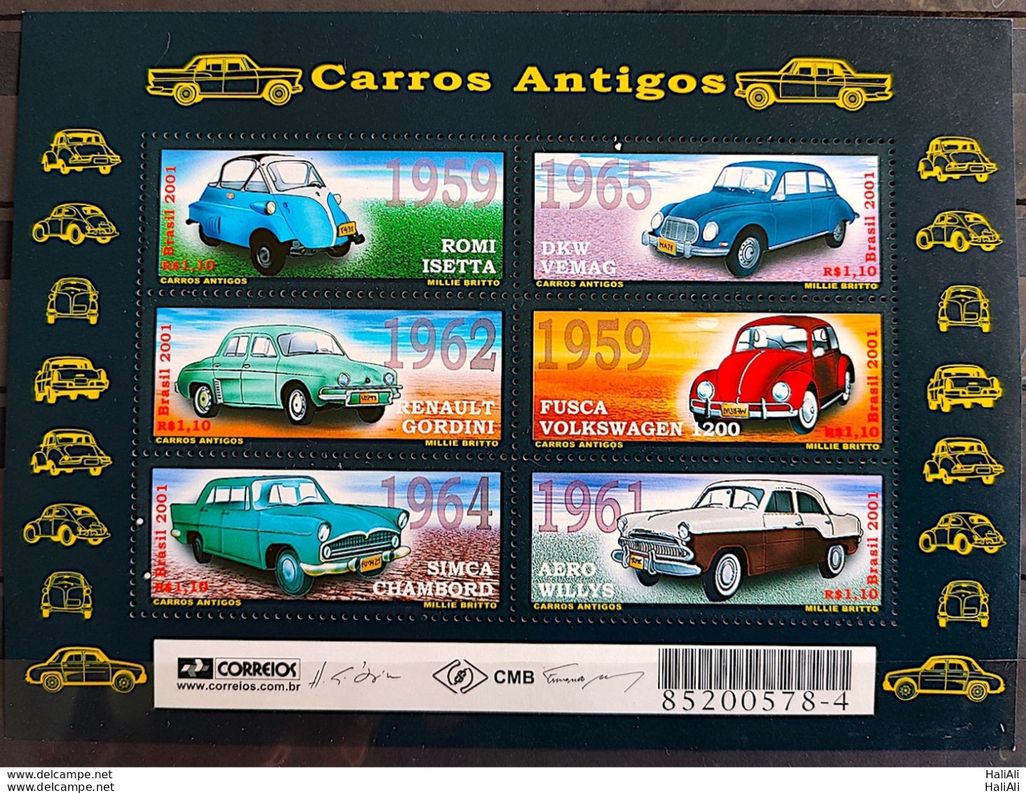 B 120 Brazil Stamp Carros Old Car Romi Iseta DKW Gordini Fusca Simca Chambord Aero Willys 2001 - Ungebraucht