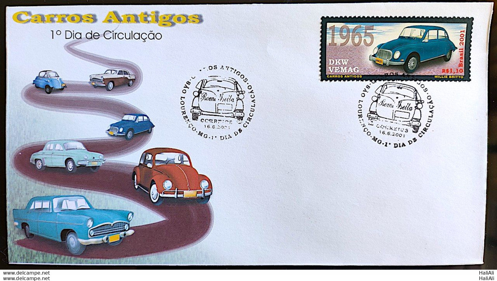 Brazil Envelope FDC 705 Vintage Cars Romi Iseta DKW Gordini Beetle Simca Chambord Aero Willys 2001 - Neufs