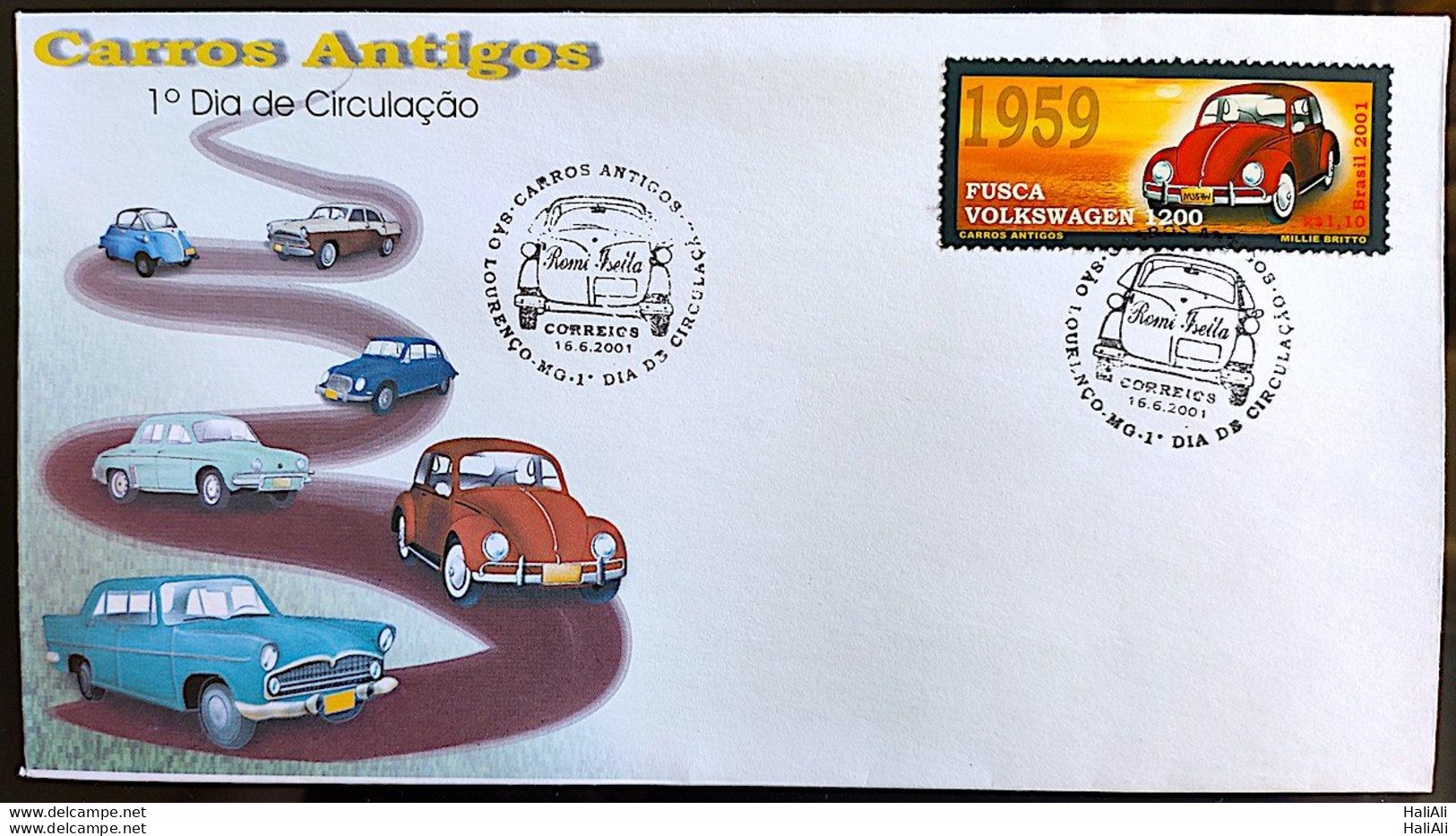 Brazil Envelope FDC 705 Vintage Cars Romi Iseta DKW Gordini Beetle Simca Chambord Aero Willys 2001 - Ongebruikt