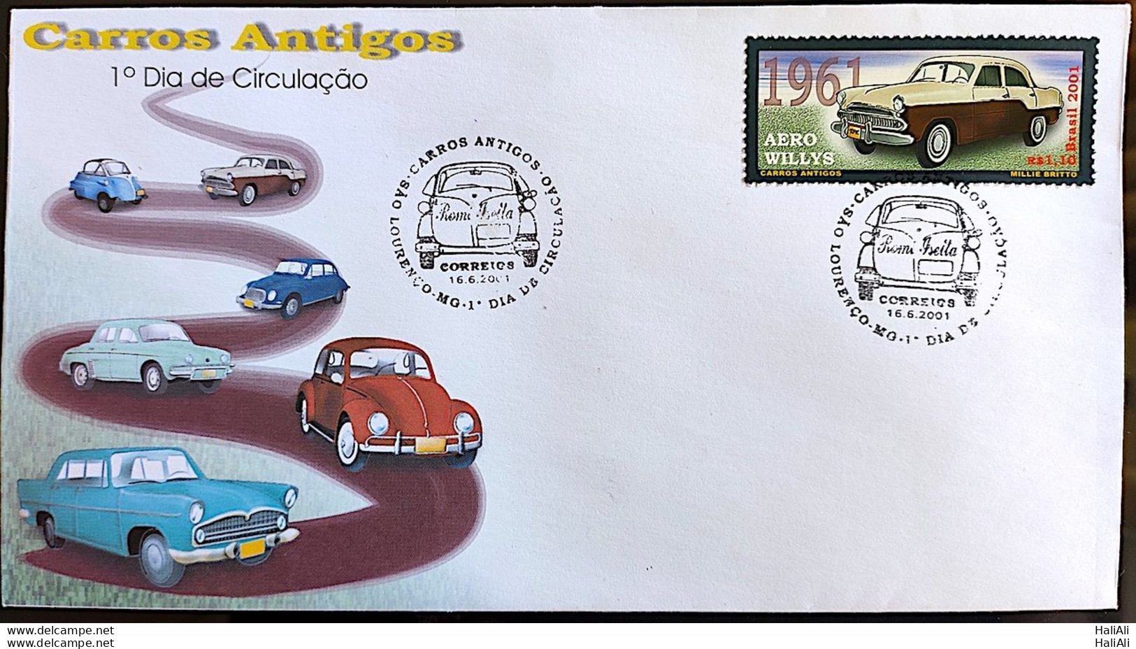 Brazil Envelope FDC 705 Vintage Cars Romi Iseta DKW Gordini Beetle Simca Chambord Aero Willys 2001 - Nuovi