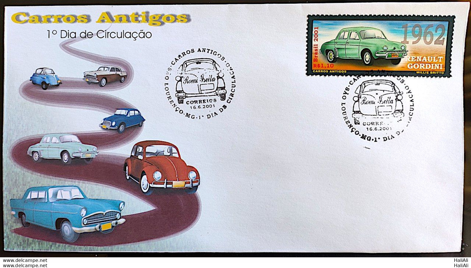 Brazil Envelope FDC 705 Vintage Cars Romi Iseta DKW Gordini Beetle Simca Chambord Aero Willys 2001 - Nuovi