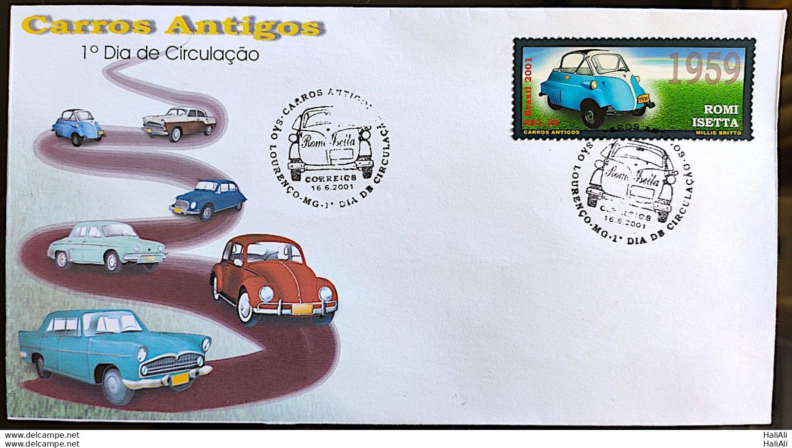 Brazil Envelope FDC 705 Vintage Cars Romi Iseta DKW Gordini Beetle Simca Chambord Aero Willys 2001