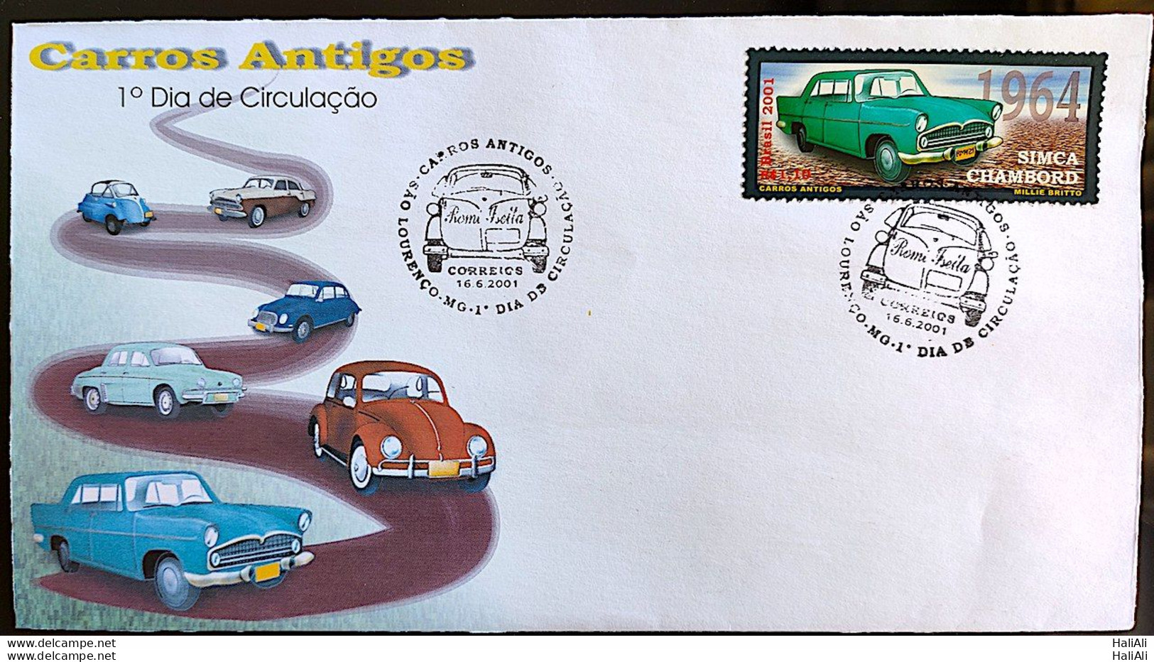 Brazil Envelope FDC 705 Vintage Cars Romi Iseta DKW Gordini Beetle Simca Chambord Aero Willys 2001