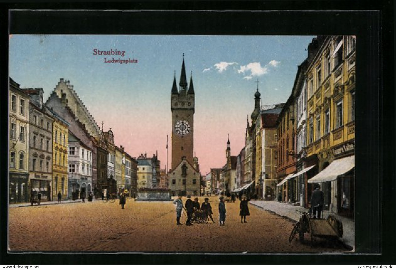 AK Straubing, Ludwigsplatz Mit Geschäften Und Turm  - Straubing
