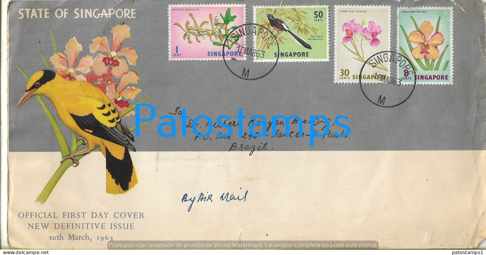 226414 SINGAPORE COVER CANCEL YEAR 1963 BIRD & FLOWER CIRCULATED TO BRAZIL NO POSTCARD - Singapur (1959-...)