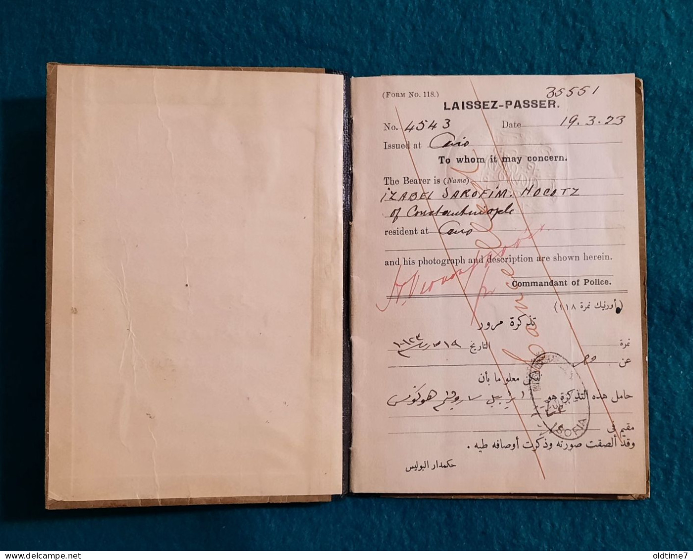 Egipt Laisez Passer  Passport  1923 Pasaporte, Passeport, Reisepass - Documenti Storici