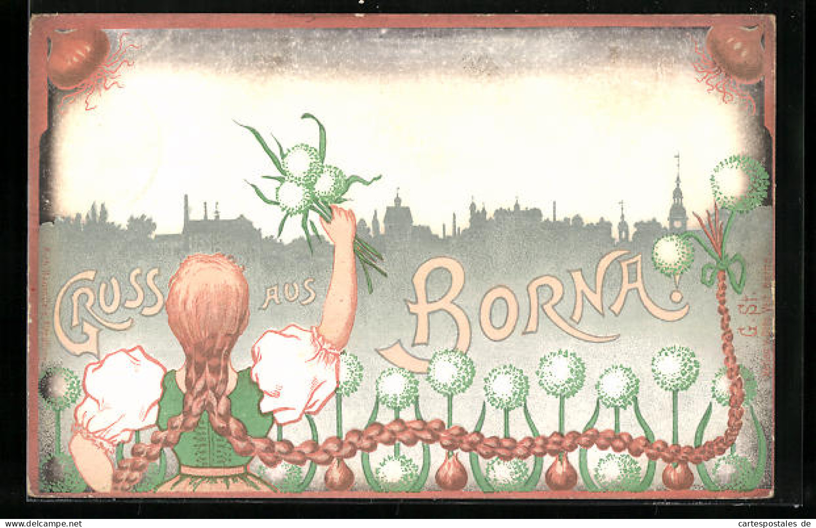 Lithographie Borna, Stadtsilhouette Und Dirndl-Mädchen Mit Blumen, Zwiebeln  - Borna
