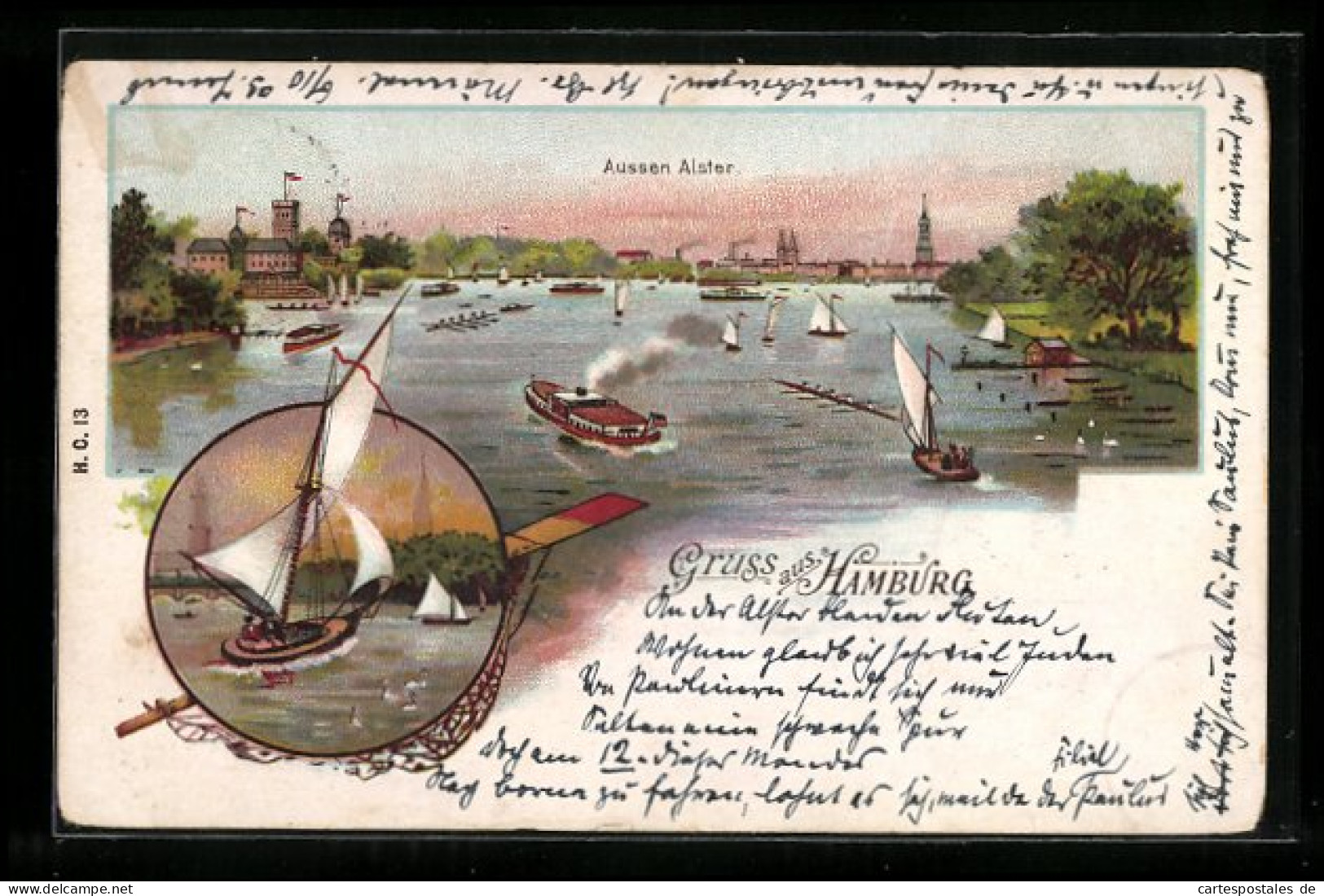 Lithographie Hamburg, Aussen Alster, Uferpartie Mit Segelbooten  - Nord