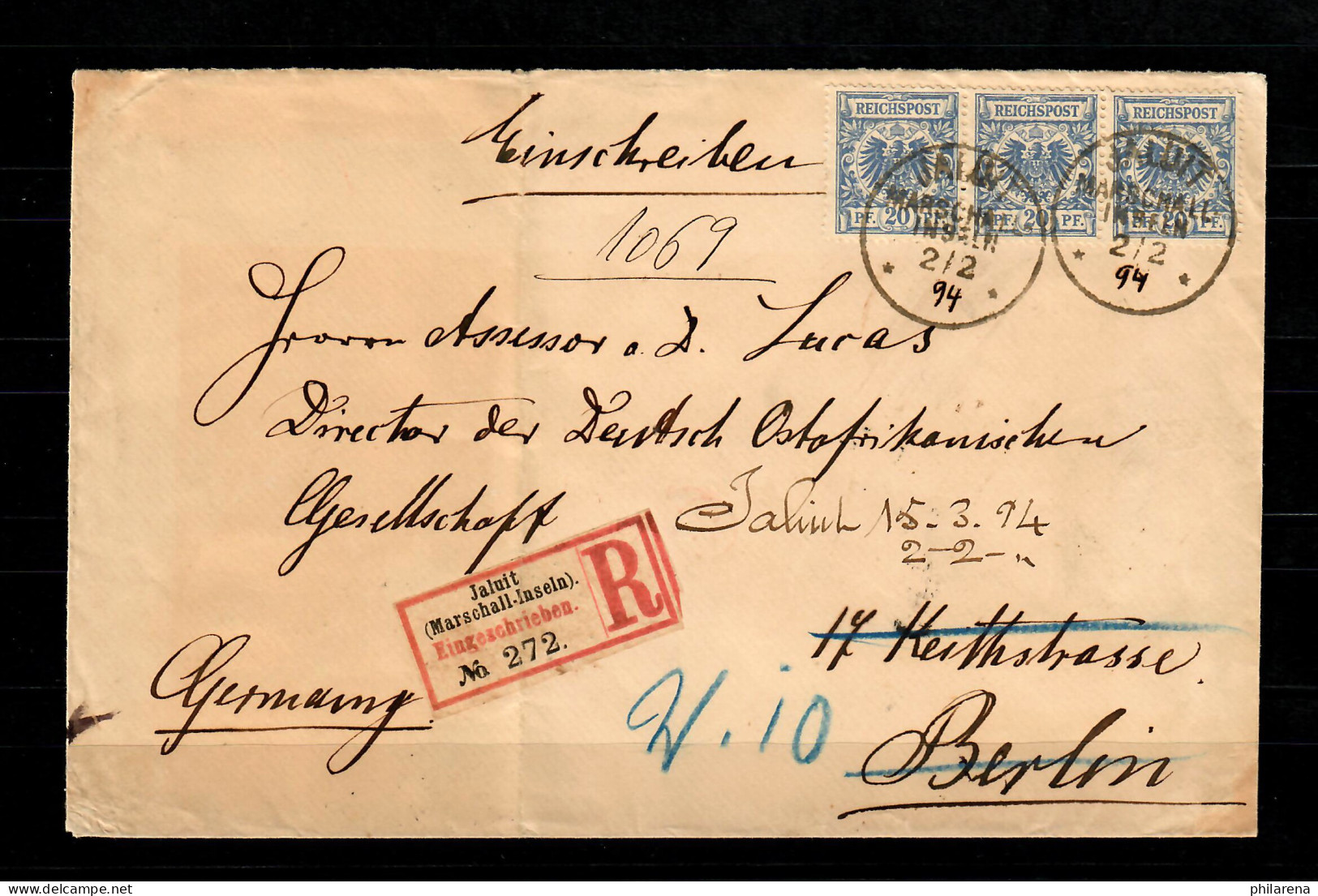 Marschall-Inseln 1890/1900 Waagr. 3er Streifen, R-Brief Jaluit Nach Berlin - Marshall Islands