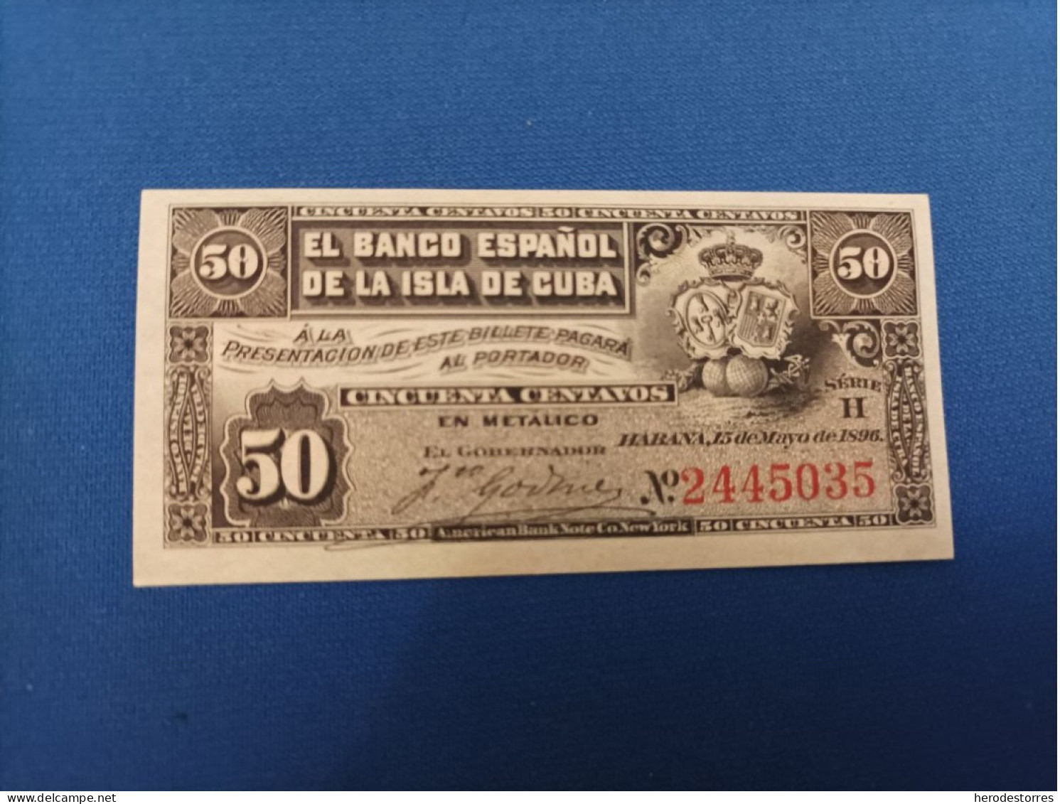 50 Centavos Banco Español, Isla De Cuba, Año 1896, UNC - 50 Pesetas