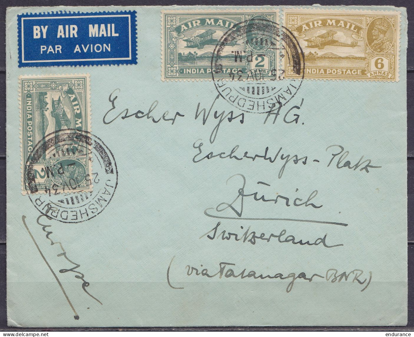 Inde - L. Par Avion Affr. 10A Càd JAMSHEDPUR /25.10.1934 Pour ZÜRICH Via Taranagar & Calcutta (au Dos: Càd CALCUTTA /26  - 1911-35 Roi Georges V