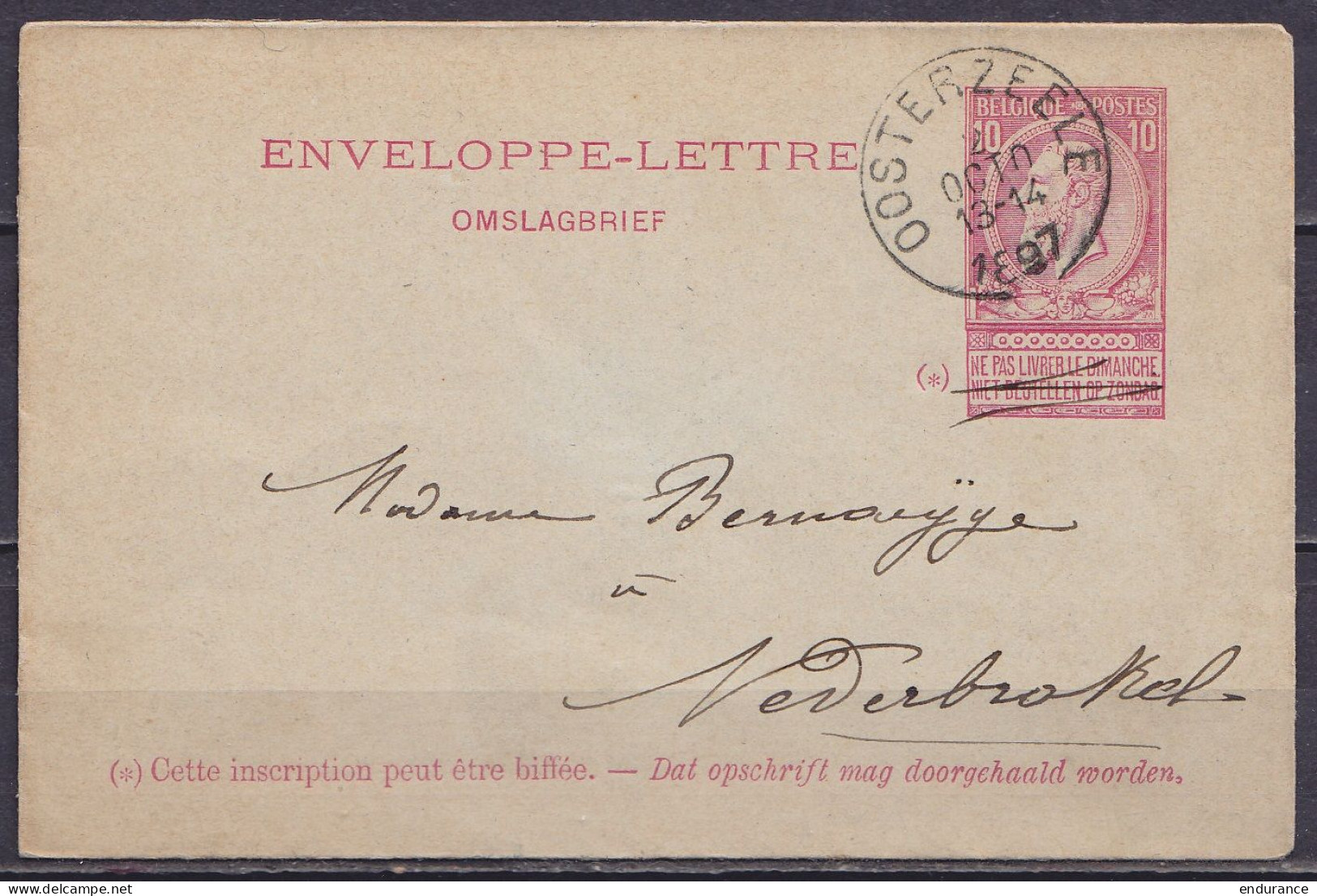 EP Enveloppe-lettre 10c Rose (N°58) Càd OOSTERZELE /2 OCT 1897 Pour NEDERBRAKEL (au Dos: Càd SOTTEGEM & Càd Arrivée NEDE - Buste-lettere