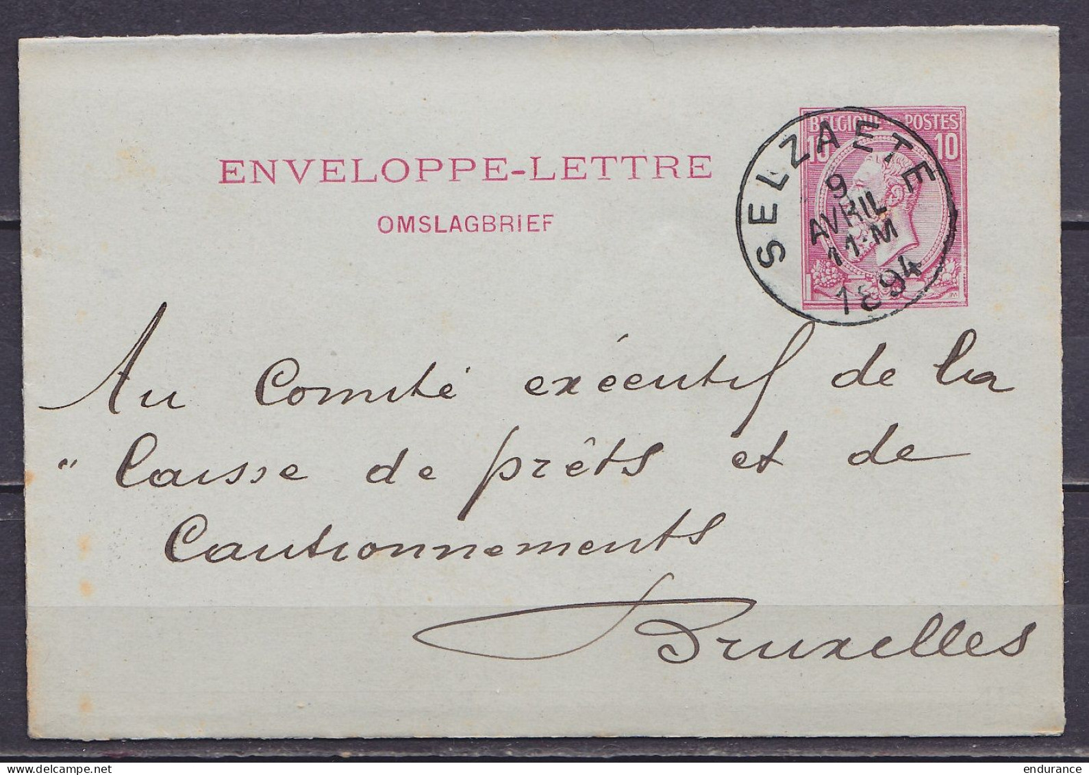 EP Enveloppe-lettre 10c Rose (N°46) Càd SELZAETE /9 AVRIL 1894 Pour BRUXELLES (au Dos: Càd Arrivée BRUXELLES 1) - Briefumschläge