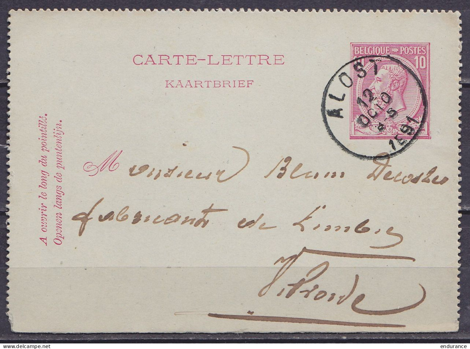 EP Carte-lettre 10c Rose (N°46) Càd ALOST /12 DEC 1891 Pour VILVORDE (au Dos: Càd Arrivée VILVORDE) - Postbladen