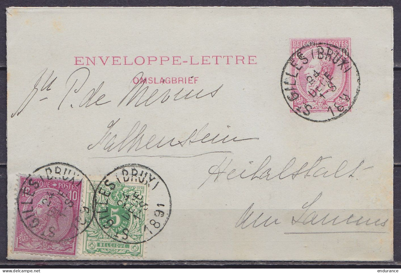 EP Enveloppe-lettre 10c Rose (N°46) + N°45+46 Càd ST-GILLES /24 DEC 1891 Pour FALKENSTEIN (au Dos: Càd Arrivée DEYNZE) - Enveloppes-lettres