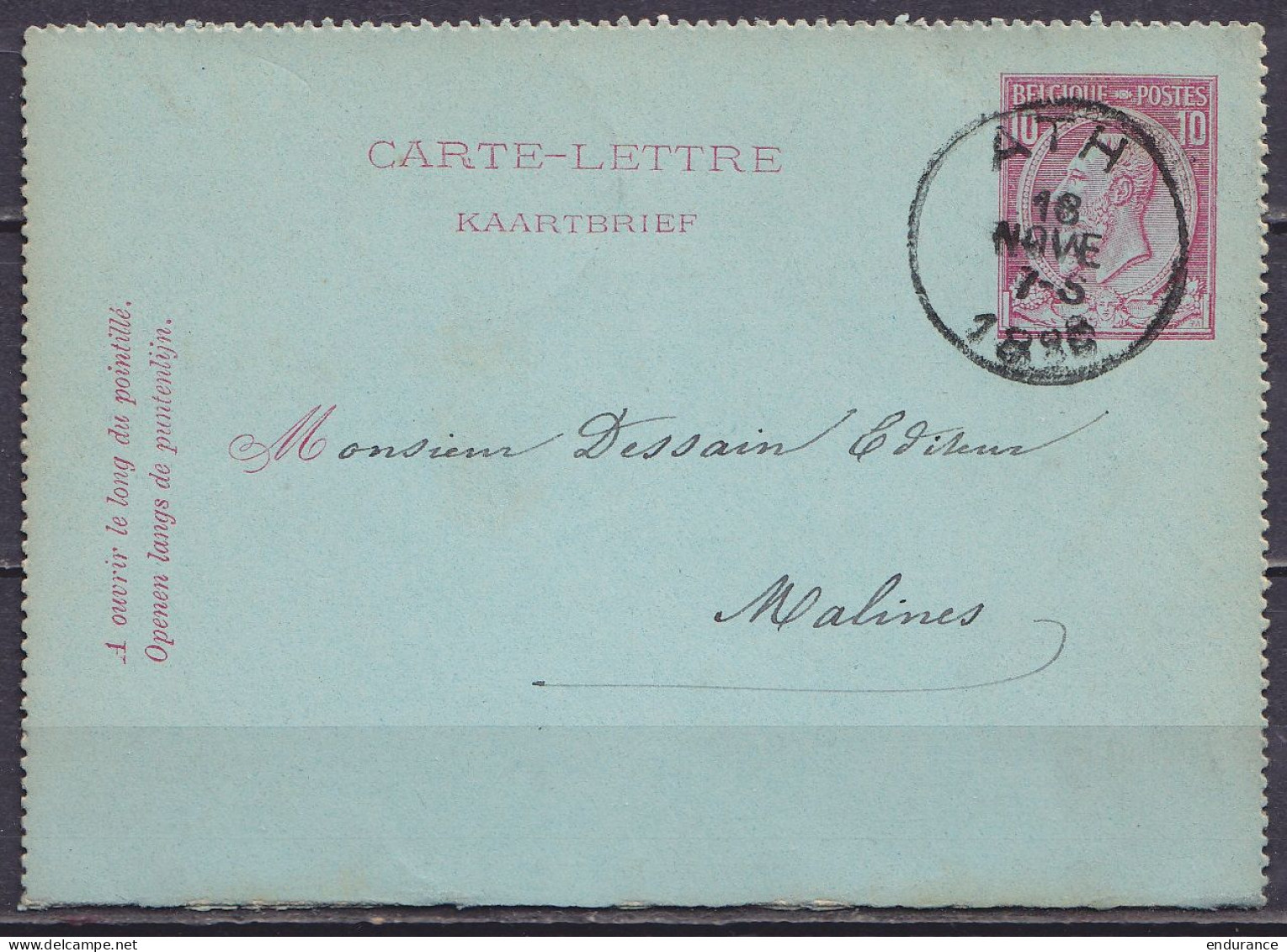 EP Carte-lettre 10c Rose (N°46) Càd ATH /16 NOV 1886 Pour MALINES (au Dos: Càd Arrivée MALINES) - Kartenbriefe