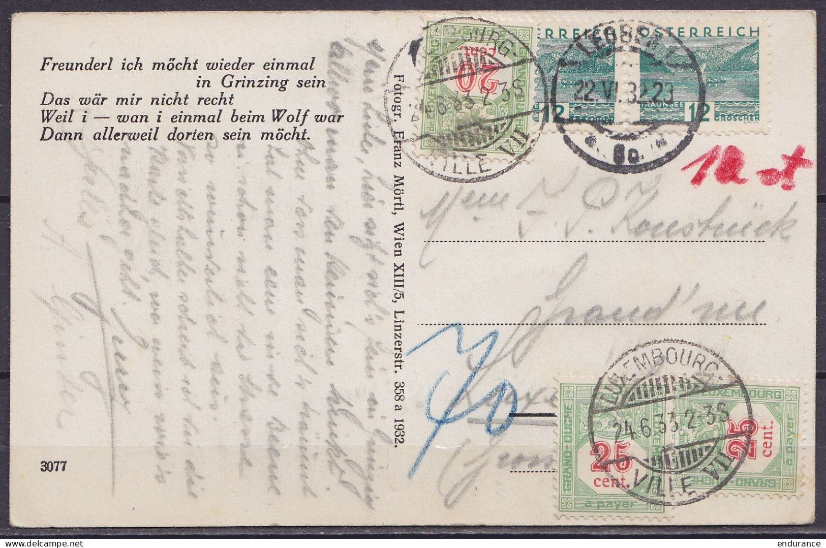 Autriche - CP "Wien, Grinzing Wolfs Höchster Heuriger" Affr. 24g Càpt LEOBEN 1 /22.VI.1932 Pour Et Taxée 70c à LUXEMBOUR - Postage Due