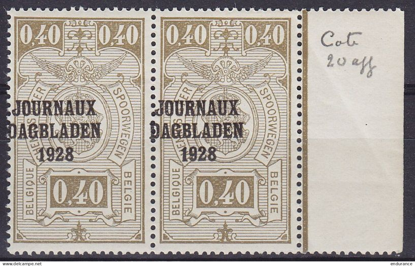 Belgique - Journaux - Paire De JO3 ** 40c Olive - Surcharge Fortement Décalée - BdF 1928 - Journaux [JO]