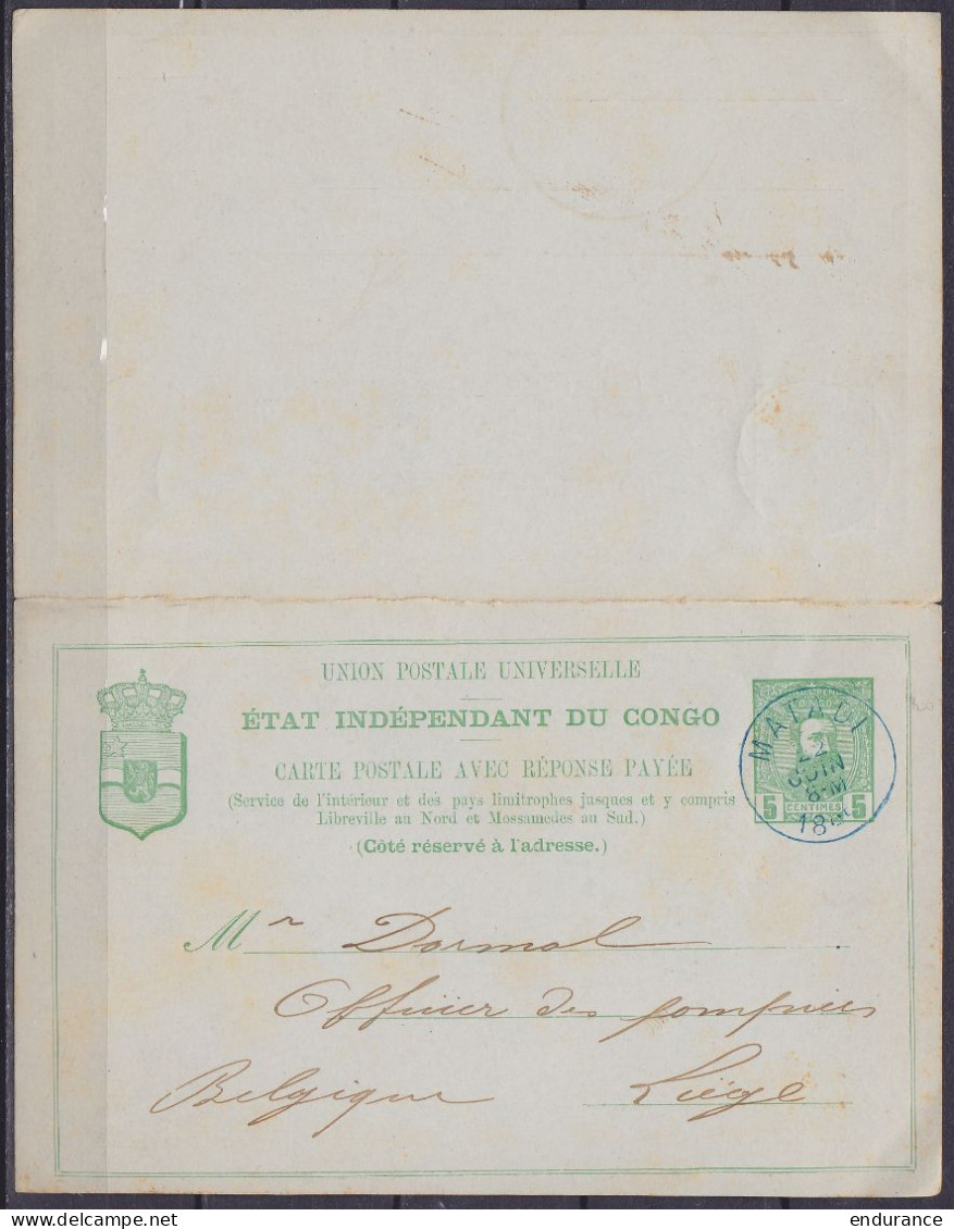 Etat Indépendant Du Congo - EP CP Avec Réponse Càd Bleu MATADI /22 JUIN 1895 Pour Officier Des Pompiers à LIEGE - Interi Postali