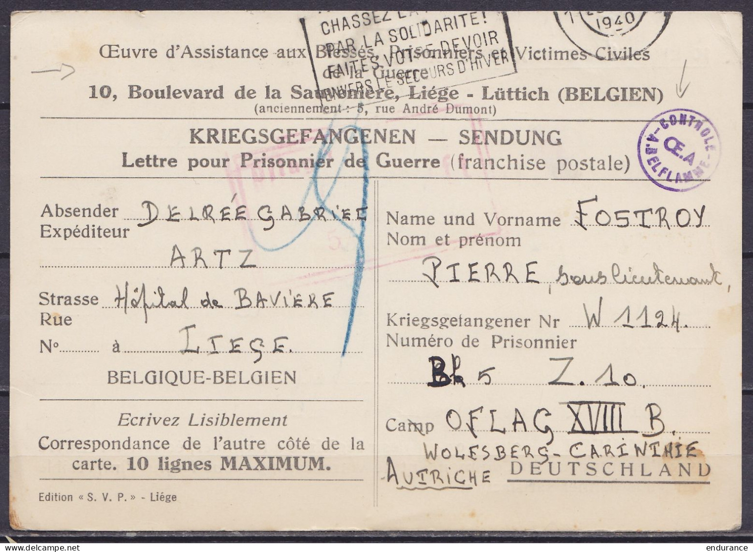 Courrier Pour Prisonnier De Guerre En Franchise (Œuvre D'assistance Aux Blessés, Prisonniers Et Victimes Civiles De La G - Oorlog 40-45 (Brieven En Documenten)