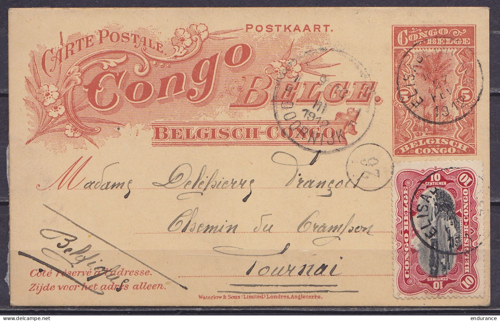 Congo Belge - EP CP 5c Orange + N°19 Càd ELISABETHVILLE /27 FEV 1912 Pour TOURNAI - Càd Arrivée "TOURNAI 1F /? III 1912/ - Stamped Stationery