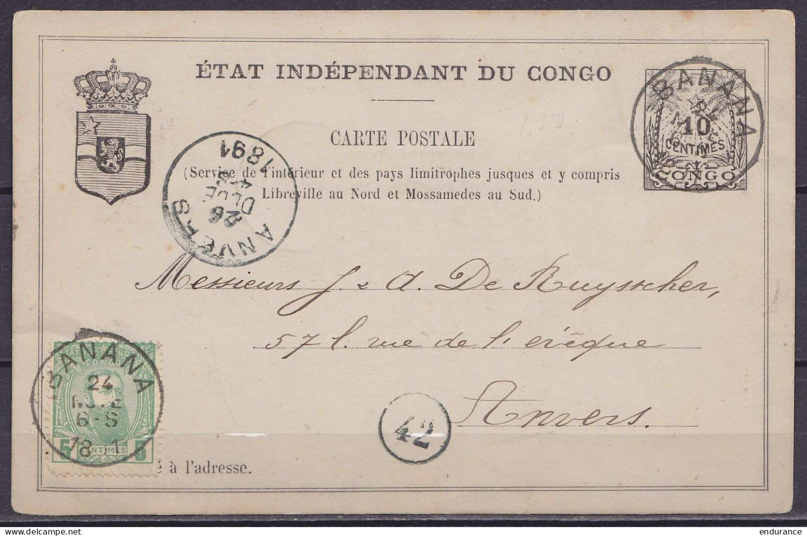 Etat Indépendant Du Congo - EP CP 10c Noir + N°6 Càd BANANA /24 NOVE 1891 Pour ANVERS - Càd Arrivée ANVERS /26 DECE 1891 - Stamped Stationery