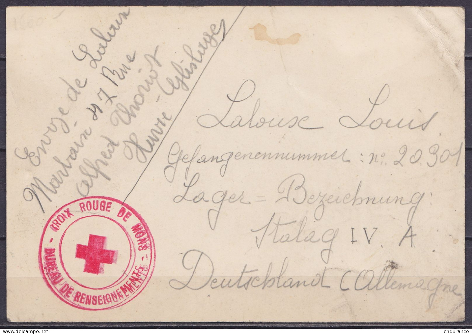 Carte Datée 10 Septembre 1940 De HAVRE-GHISLAGE Pour Prisonnier Au Stalag IV A - Cachet "CROIX-ROUGE DE MONS / BUREAU DE - WW II (Covers & Documents)