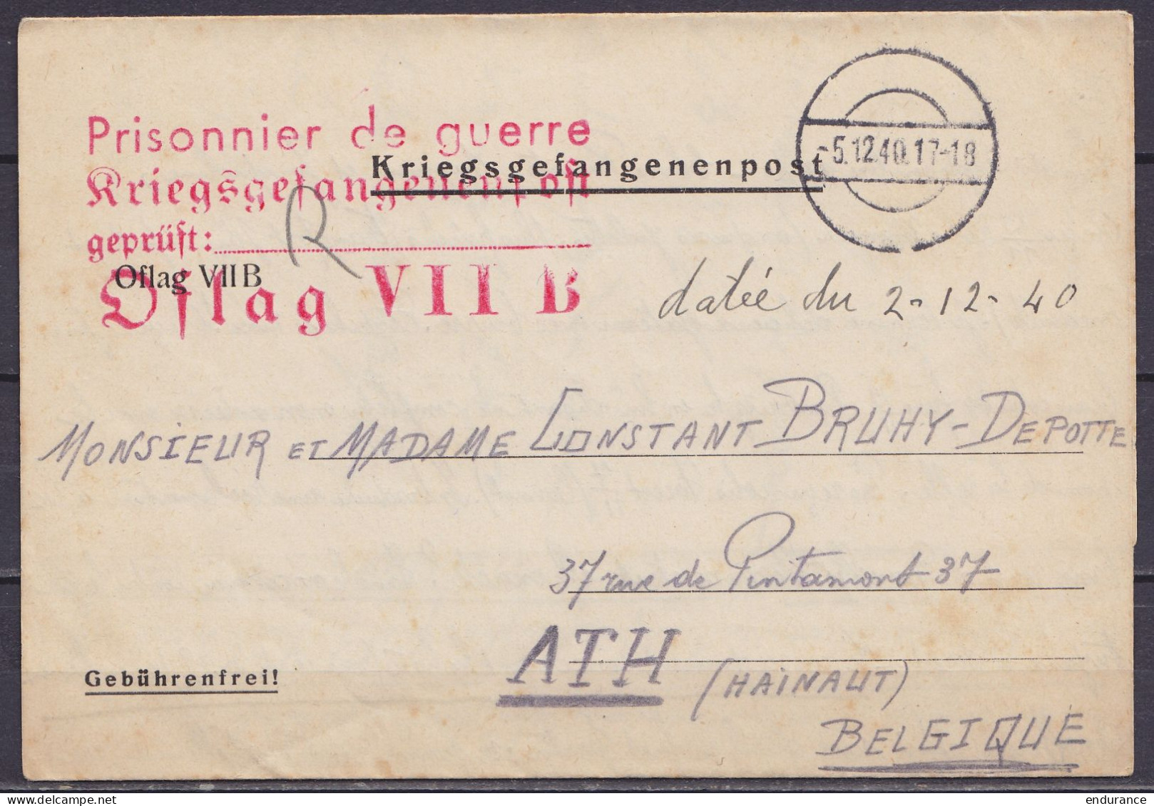 Courrier De Prisonnier "Kriegsgefangenenpost" Càd Muet -5.12.1940 De EICHSTATT (Bavière) Pour ATH - Cachet Censure Oflag - Guerre 40-45 (Lettres & Documents)