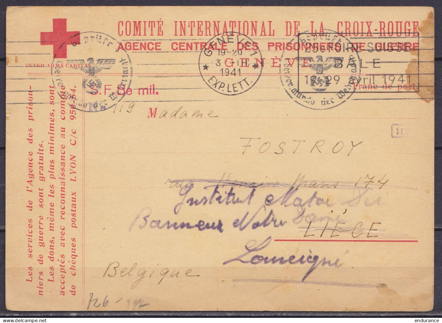 Carte "Comité Int. De La Croix-Rouge / Agence Centrale Des Prisonniers De Guerre" Flam. GENEVE /3 III 1941 Pour LIEGE Ré - Guerra 40 – 45 (Cartas & Documentos)