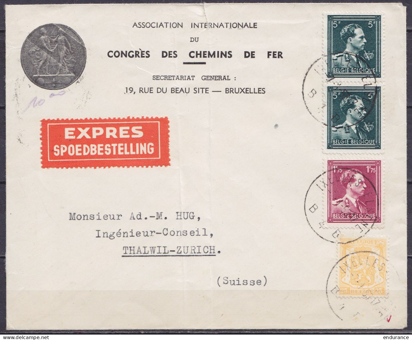 L. "Association Int. Congrès Des Chemins De Fer" En Exprès Affr. 2x N°1696 + N°832+710 Càd IXELLES-ELSENE 4B /-7-1-1953  - 1936-1957 Offener Kragen