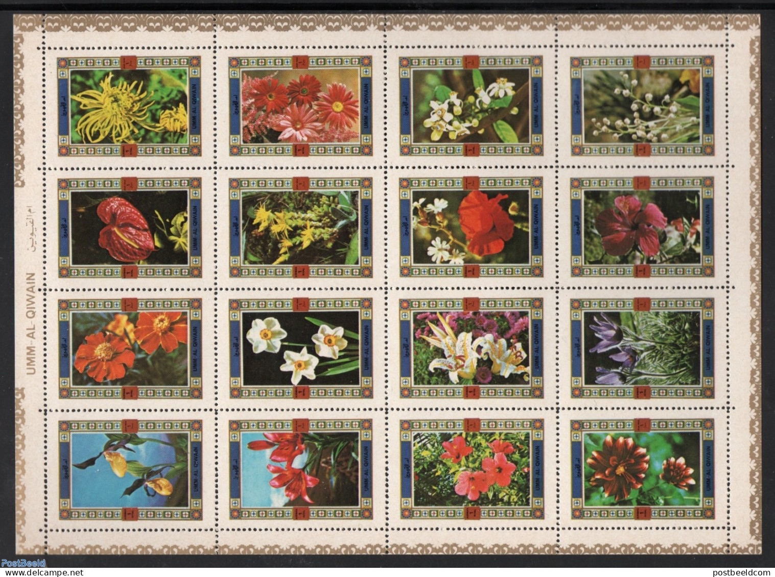 Umm Al-Quwain 1972 Flowers 16v M/s, Mint NH, Nature - Flowers & Plants - Umm Al-Qaiwain
