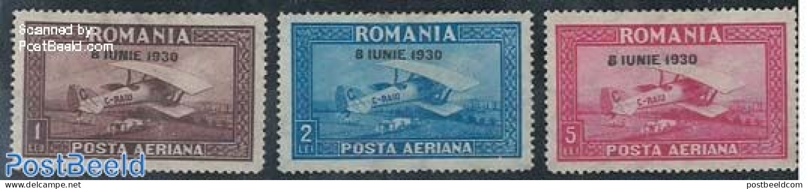 Romania 1930 Airmail Overprint 3v, WM Vertical, Unused (hinged), Transport - Aircraft & Aviation - Neufs