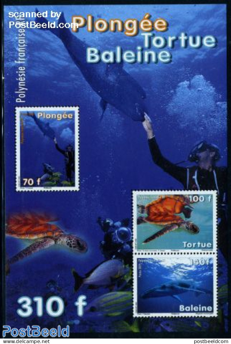 French Polynesia 2009 Whale & Turtle Diving S/s, Mint NH, Nature - Sport - Sea Mammals - Turtles - Diving - Ongebruikt