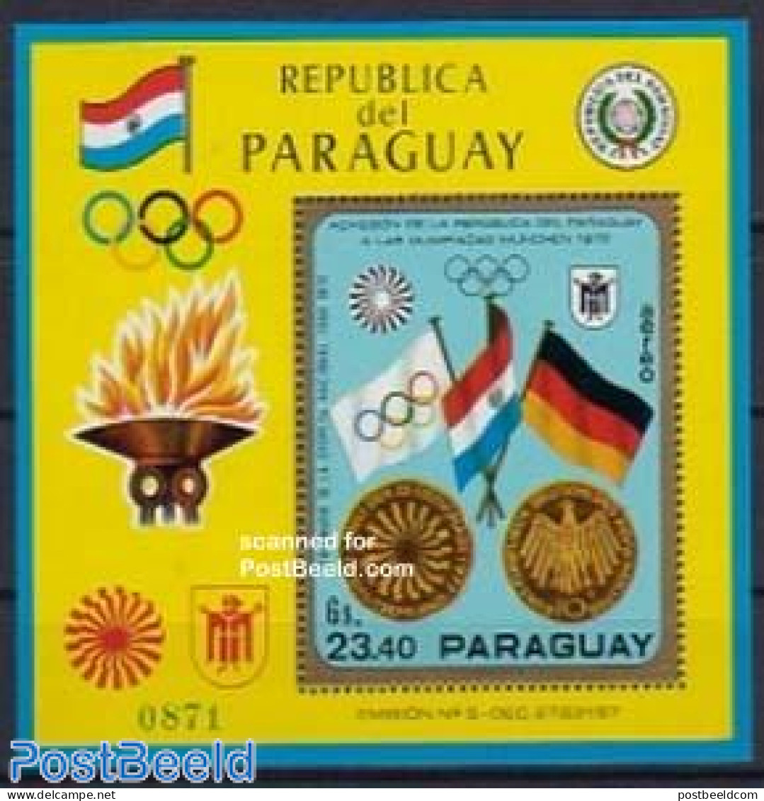 Paraguay 1970 Olympic Games Munich S/s, Mint NH, History - Sport - Various - Flags - Olympic Games - Money On Stamps - Monedas