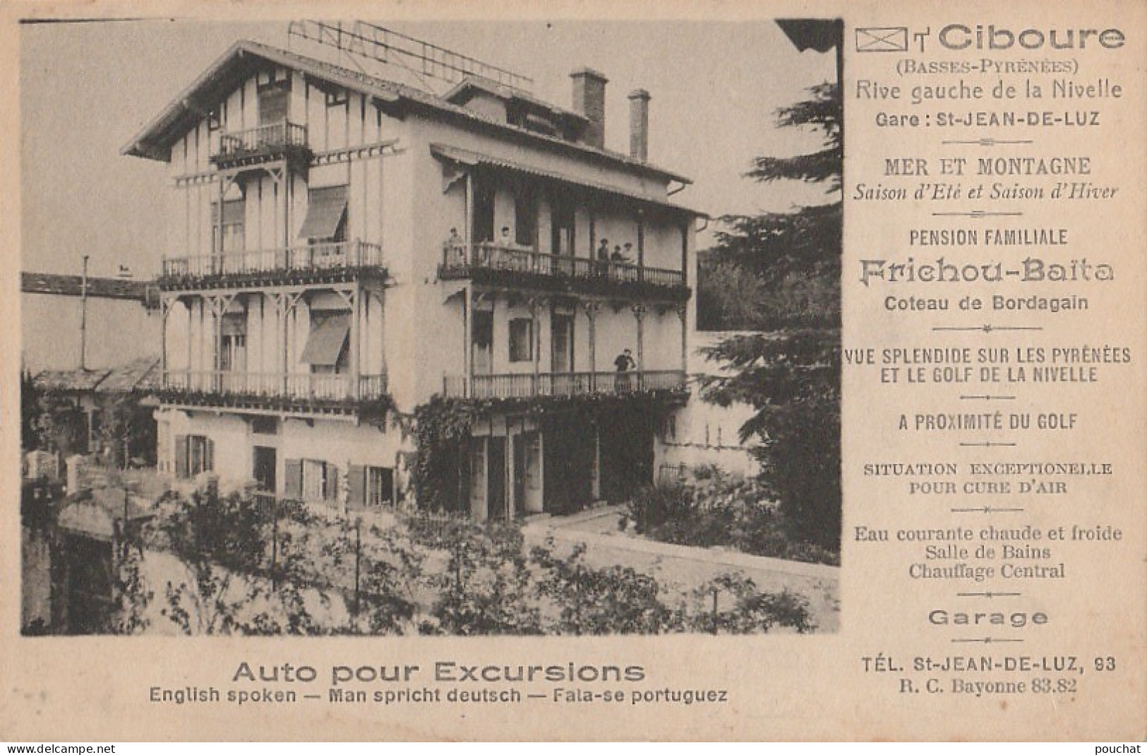 64) CIBOURE - SAINT JEAN DE LUZ (BASSES PYRENEES) PENSION DE FAMILIALE FRICHOU BAÏTA - AUTO POUR EXCURSIONS - (2 SCANS) - Ciboure